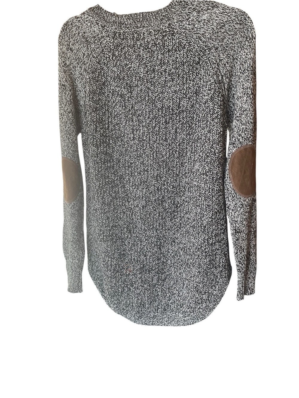 RD Style Black & White Marled Crewneck Sweater with Brown Elbow Patches
